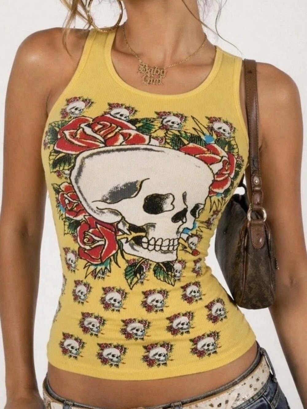 Ed Hardy Tank Top One Size Yellow Skull Graphic Y2K Vintage Christian Audigier